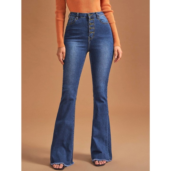 High Waist Button Front Flare Leg Jeans dark wash button fly